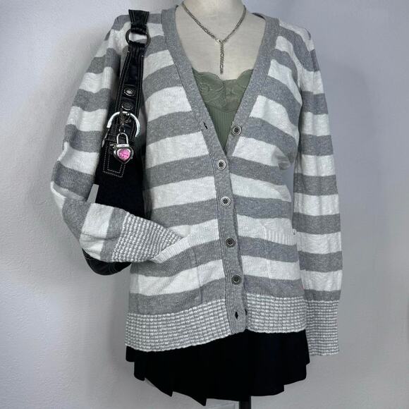 Pink Victorias Secret Cotton Striped Cardigan Sweater Preppy Y2K College Medium - Picture 1 of 8